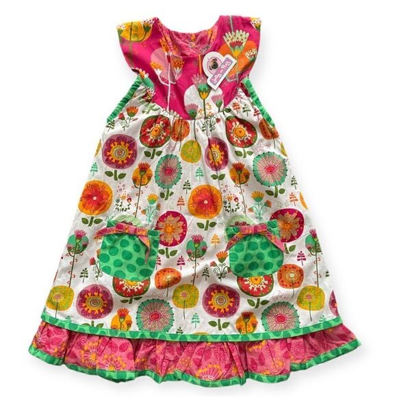 Jelly The Pug Floral Sun Dress Pink Green Pockets Tiered Ruffles Bows Boutiq